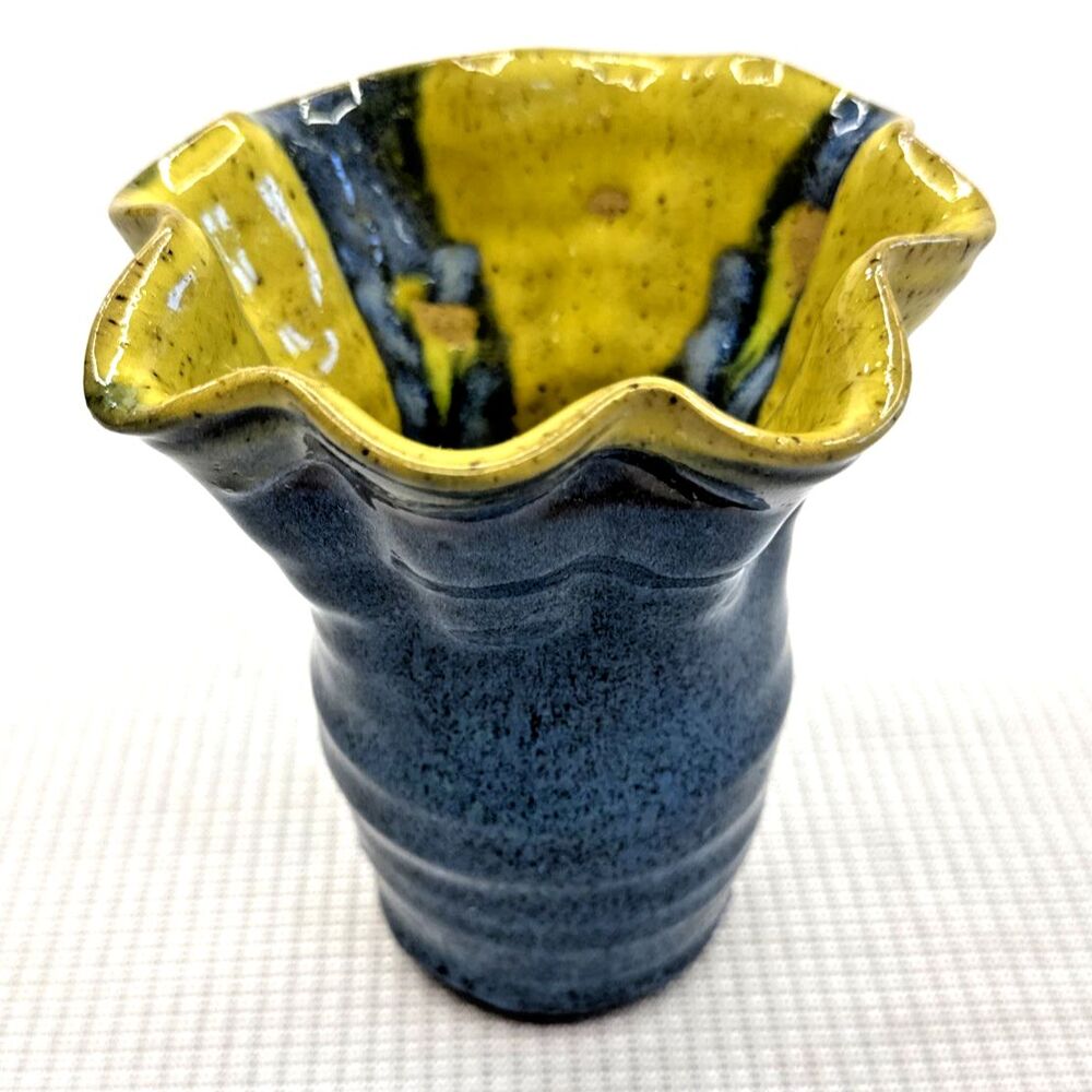 Blue Drip Stoneware Pottery Vase Glazed Top Matte Bottom Scalloped Bottom Mark